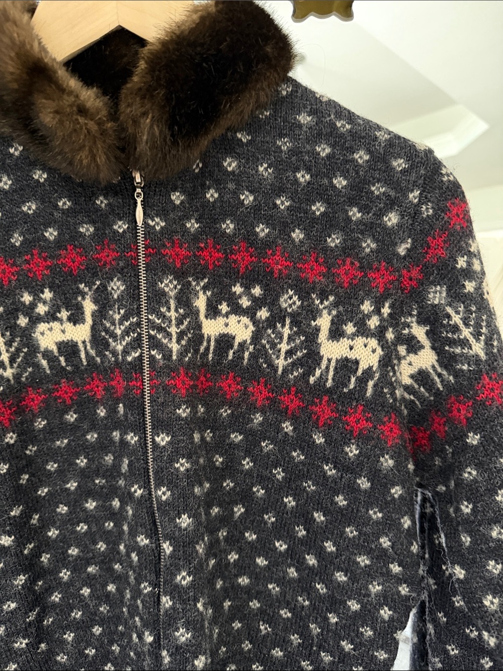Lauren by Ralph Lauren Fair Isle Zip Cardigan with faux fur size small - Picture 2 of 4